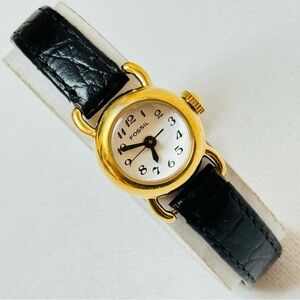 Vintage Fossil Tiny Face Women's Art Deco Watch Gold Black Leather IN-1002